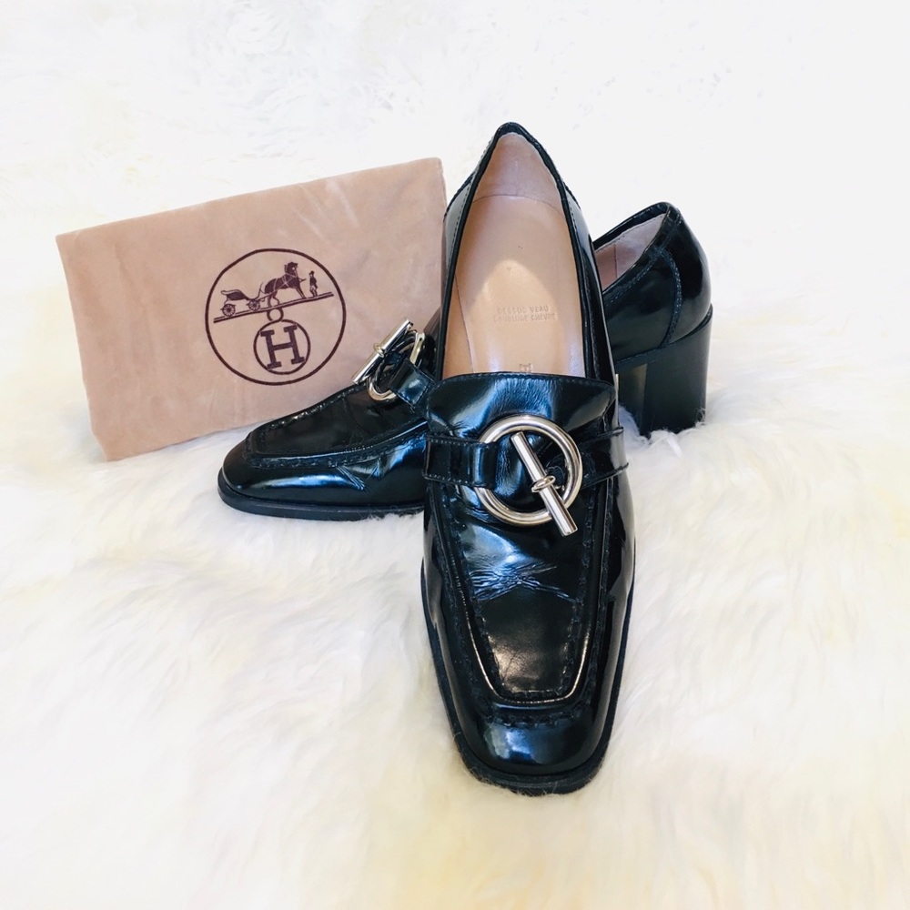 Hermès Patent Leather Silver Toggle Loafer Heels